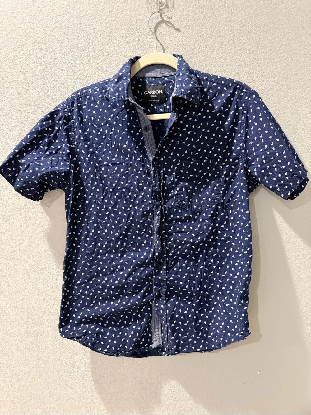 Carbon Navy Short Sleeve Button-Down Shirt with White Micro Print -H-
